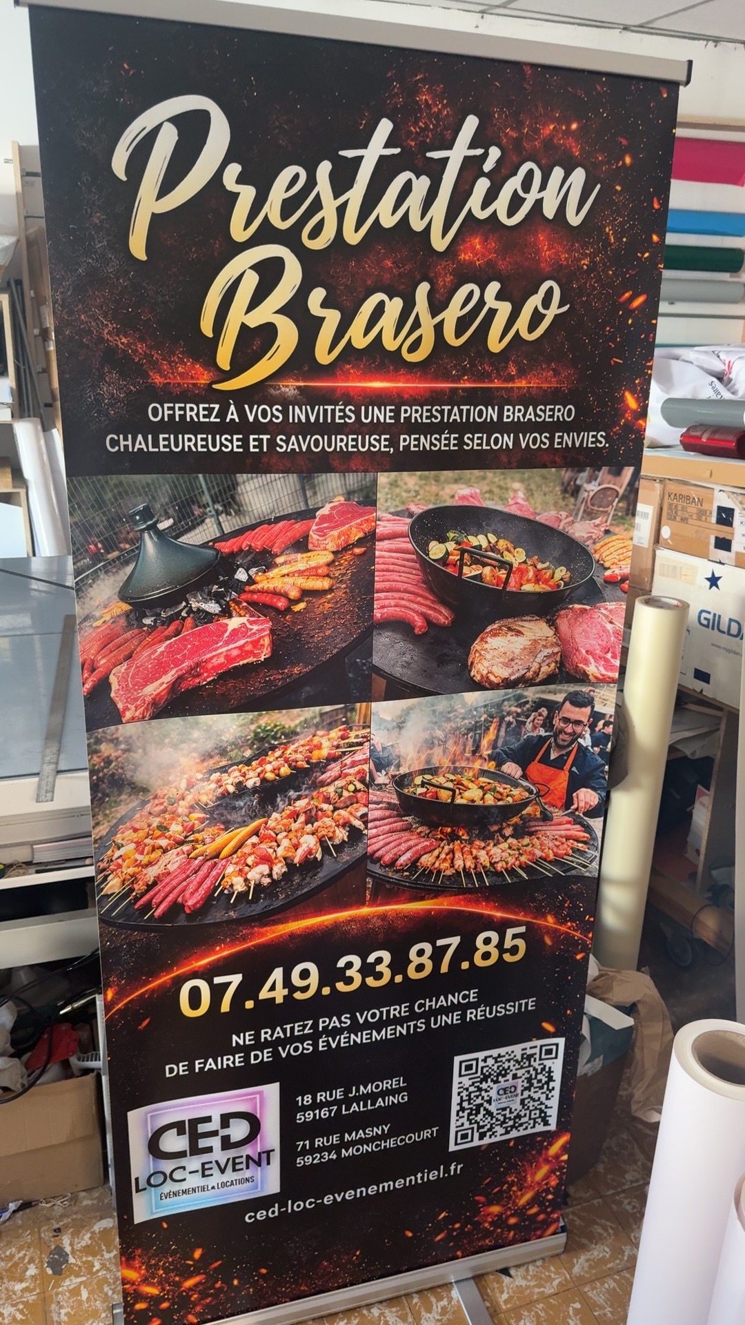 Stand brasero installé pour le marché des producteurs à Douai